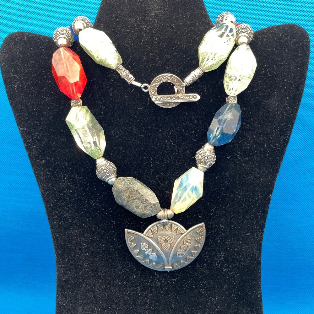 925 Sterling Silver Marcasite Chunky Stone Fall Necklace Statement Toggle 30"